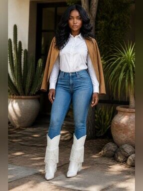 Pierre Dumas White Fringe Western Cowboy Boots Stacked Heel Size 8